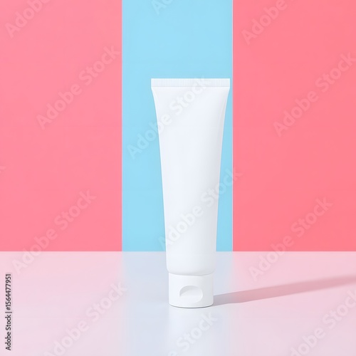 Pink plastic bottle with a ribbon, white cream tube, and blank cosmetic packaging are isolated for beauty and health care products