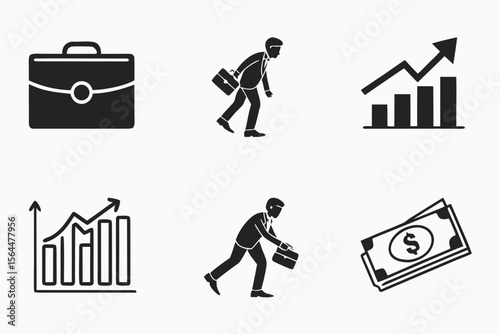 Black icons depict briefcase, businessman, chart, and money