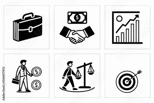 Black icons depict briefcase, money, handshake, and chart