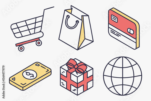 Isometric icons depict shopping cart, bag, card, money, gift, and globe