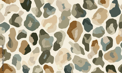 seamless pattern of leopard spots in muted greens, browns, and beiges, with simple shapes and a minimalist design.