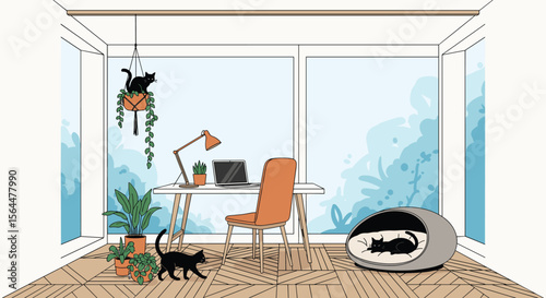 Cozy Minimalist Home Office with Black Cats and Abundant Natural Light Creating a Serene Workspace Ambiance