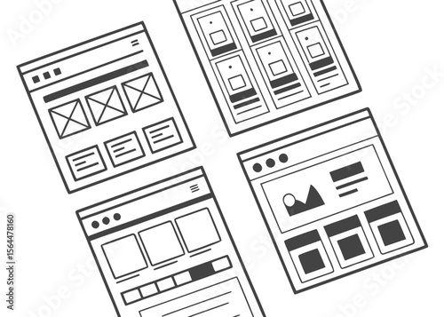 Four website wireframe templates isolated on white background