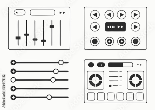 Various control panels for audio and video design isolated on white