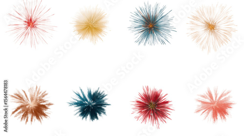 Set of Colorful Fireworks Burst Display Isolated on White Background
