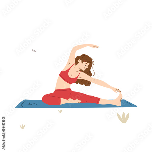 Serene Stretching: An illustration of a woman gracefully stretching in a yoga pose, embracing the stillness of the moment, with a serene ambiance. 