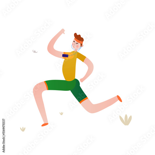 Running Man: A vibrant illustration of a young man jogging outdoors, wearing headphones and a fitness tracker, showcasing an active and healthy lifestyle. 