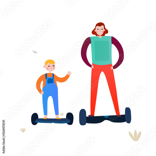 Hoverboard Joyride: A dynamic illustration features a parent and child joyfully riding hoverboards, capturing a moment of shared fun and active leisure.