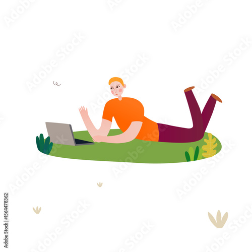 Man Relaxing with Laptop: A relaxed individual lies on a patch of grass, fully engrossed in his laptop, signifying the harmony of nature and digital interaction.