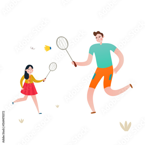 Family Badminton Fun: A vibrant illustration captures a heartwarming moment of a father and daughter playing badminton together. Joyful activity and bonding.