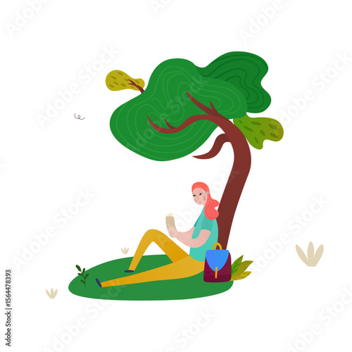 Solitude in the Shade: A woman immersed in a book, finds solace beneath the canopy of a sprawling tree. Surrounded by natural elements. Reflecting peace and serenity.