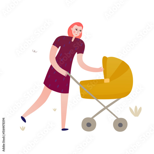 Motherhood Stroll: A young mother strolls with her baby in a stylish yellow pram, enjoying a leisurely walk in the fresh air. 