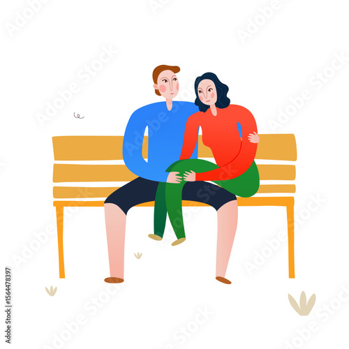 Couple's Embrace: A charming illustration of a couple seated on a park bench, embraced in a moment of closeness and serenity, symbolizing love, unity, and shared experiences.