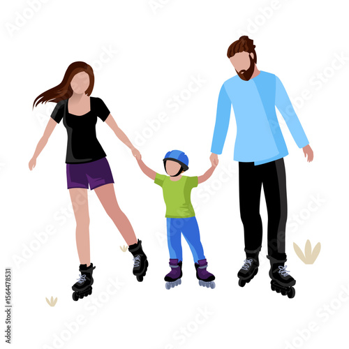 Family roller skating illustration: Family spending happy time on roller skate for leisure in park showing love and relationship each other.