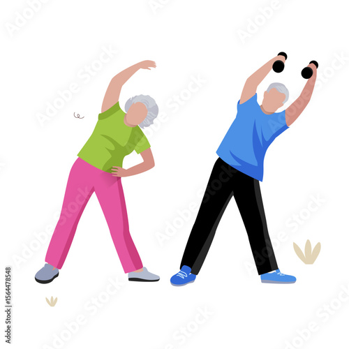 Active Seniors: A pair of seniors stay active outdoors, engaging in light exercises and embracing healthy living and movement.