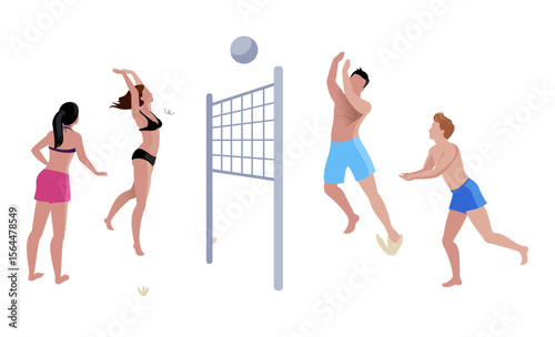 Beach Volleyball Action: Capturing the energy and dynamism of a beach volleyball game, showcasing athletes in mid-action, spiking the ball over the net, and engaging in spirited play under the sun.