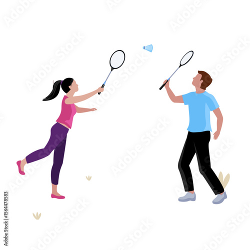 Dynamic Shuttlecock Duel: Two figures engage in a spirited game of badminton, their rackets poised as they chase the flying shuttlecock in a stylized vector scene of recreation. 