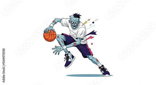 Dynamic Pixel Art Illustration of a Zombie Basketball Player Dribbling with Energy and Action