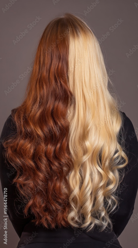 Naklejka premium Stunning Half-and-Half Hair Transformation: Red and Blonde Curls