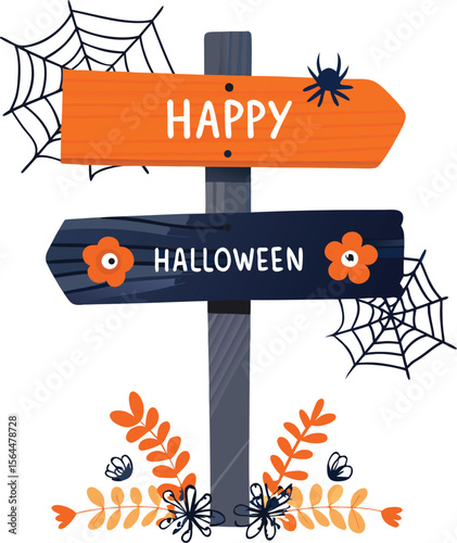 Happy halloween wooden sign with pumpkins and bats 