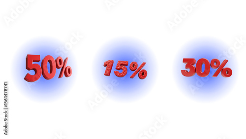 3D Percentage Numbers with Blue Glow The displayed numbers are 50%, 15%, and 30%. This design creates an attractive and modern visual effect, for promotional materials, sales presentations, discounts