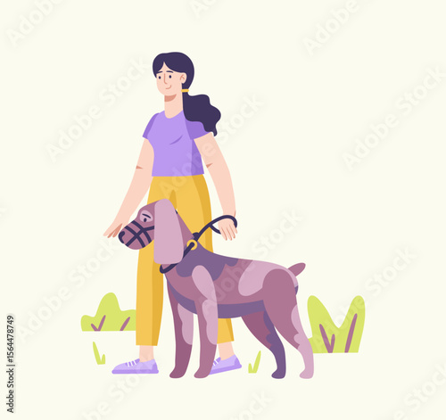Strolling with a Companion: A woman and dog enjoy an idyllic walk. Depicting the bond of friendship between a person and pet in the serene setting