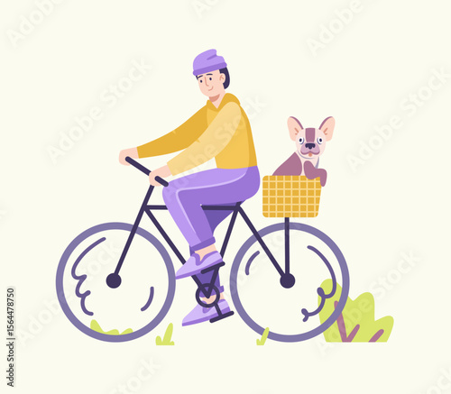 Cycling Adventure with a Friend: A person and their furry companion embark on a leisurely bicycle ride, with the dog comfortably nestled in a basket, enjoying the gentle breeze of a sunny day.