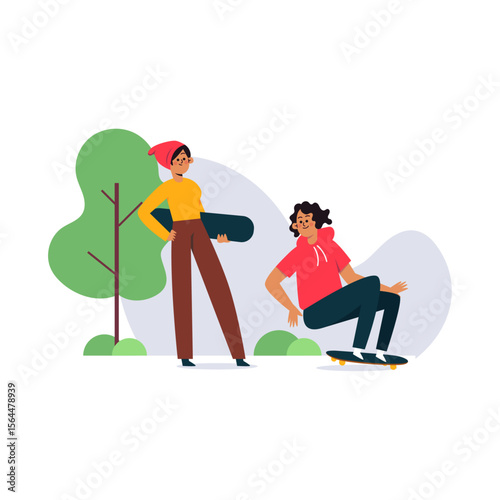 Skateboarding Together: Two individuals engaged in the exhilarating sport of skateboarding within a serene park setting. A youthful skater executes a trick on their board.