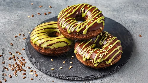 Three delicious donuts with chocolate and green icing on a slate plate, with scattered seeds
