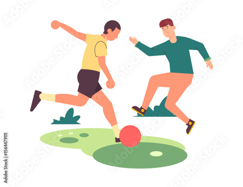 Dynamic Duel: A captivating illustration captures a spirited soccer match in full swing, showcasing two players vying for the ball with dynamic energy and focused determination. 