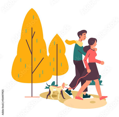 Couple Walking Dog in Autumn Park