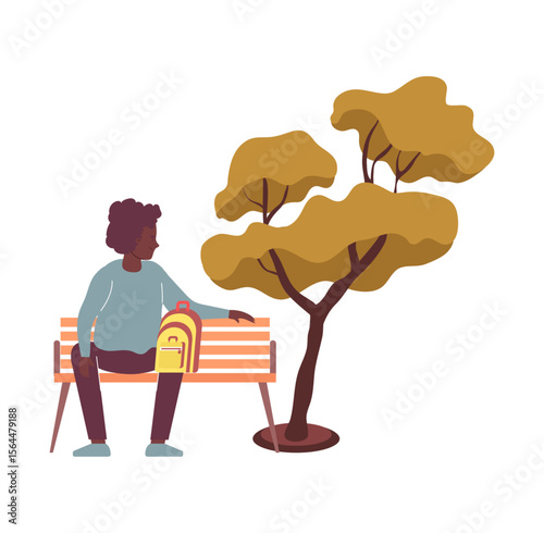 Alone in Park: A solitary figure finds a moment of contemplation on a park bench, a backpack resting beside them under the shade of a large tree, embodying a scene of peace and introspective solitude.