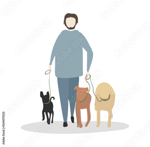Man Walking Dogs: A man strolls with three dogs, each on a leash, against a simplistic backdrop, representing the bond of care and companionship.