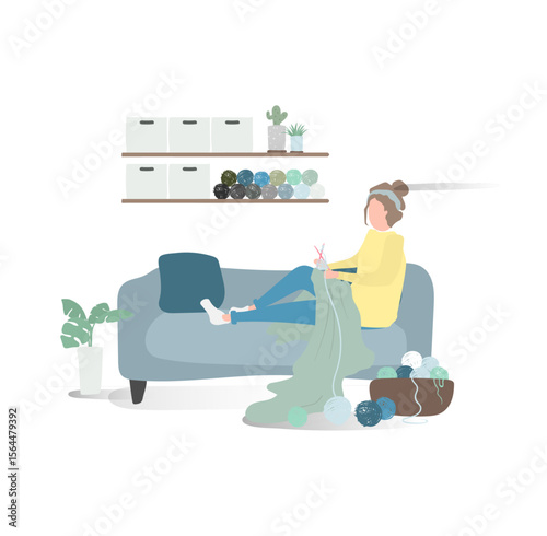 Cozy Crafts: A serene moment captured as a woman engages in the relaxing art of knitting.  The image showcases a moment of leisure and creativity.