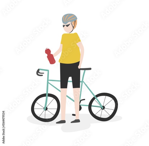 Cyclist with Water Bottle: A cyclist pauses their ride, holding a water bottle and standing beside their bicycle. The cyclist is wearing a helmet and sunglasses.