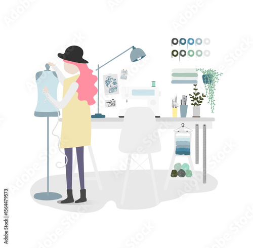 Fashion Designer at Work: A young fashion designer meticulously adjusts a garment on a dress form, surrounded by sewing tools and design sketches in a bright, organized workspace.