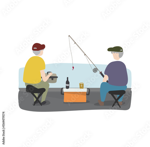 Fishing Friends' Outing: Two friends enjoy a leisurely day of fishing, sharing drinks and camaraderie amidst the tranquil water and scenic landscape. Capturing friendship and relaxation.