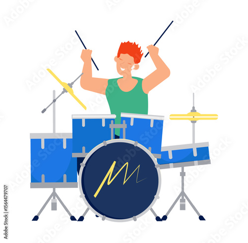 Energetic Drummer: A vibrant illustration captures a spirited musician joyfully playing a drum set, embodying the rhythm and soul of the music, radiating passion and creativity.