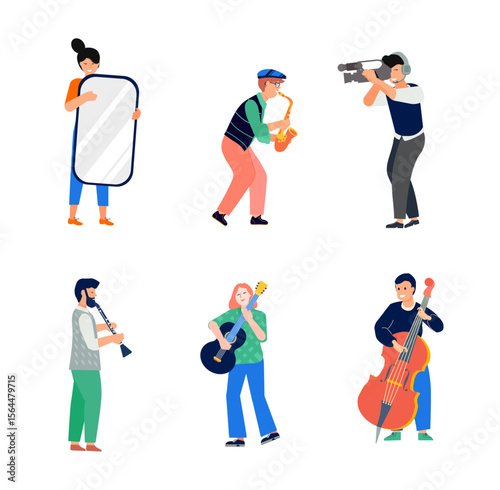 Artistic Ensemble: A dynamic illustration depicts a vibrant assembly of individuals, each engrossed in their unique craft: a mirror bearer, a saxophone player, a cameraman, a clarinetist, a guitarist.