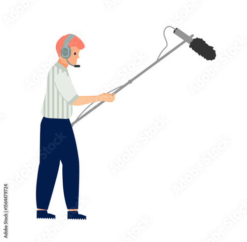 Sound Recordist Capturing Audio: A diligent sound recordist, expertly holding a boom microphone, focused on capturing the perfect audio during a professional shoot.