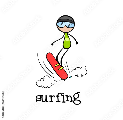 Surfing Cartoon: A whimsical cartoon depicts a stick figure surfing, capturing the spirit of adventure and the thrill of riding the waves with vibrant colors and a touch of childlike charm.
