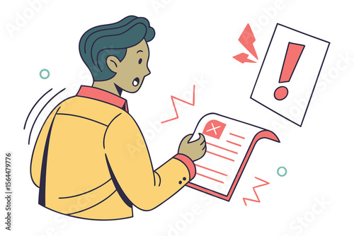 Shocked person reacting to bad news on paper with exclamation mark and red x symbol indicating failure or error