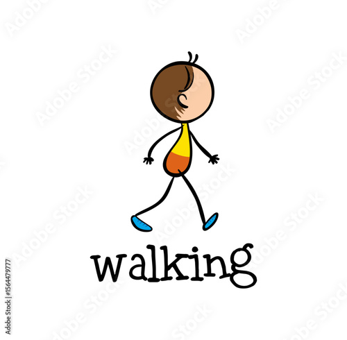 Joyful Stroll: A charming stick figure illustration captures the essence of a carefree walk, with a simple design, vibrant colors, and a cheerful expression, embodying the joy of movement.