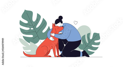 Illustrative depiction of a person embracing their beloved canine companion surrounded by lush green foliage and plants representing a serene outdoor setting