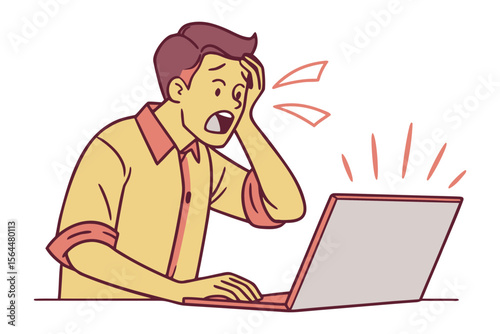 Frustrated man with hand on head staring at laptop screen experiencing shock or disappointment