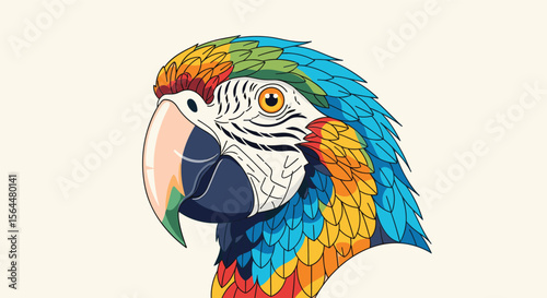 Vibrant close up profile view of a tropical macaw parrot showing its detailed colorful plumage and sharp eyes in a studio setting