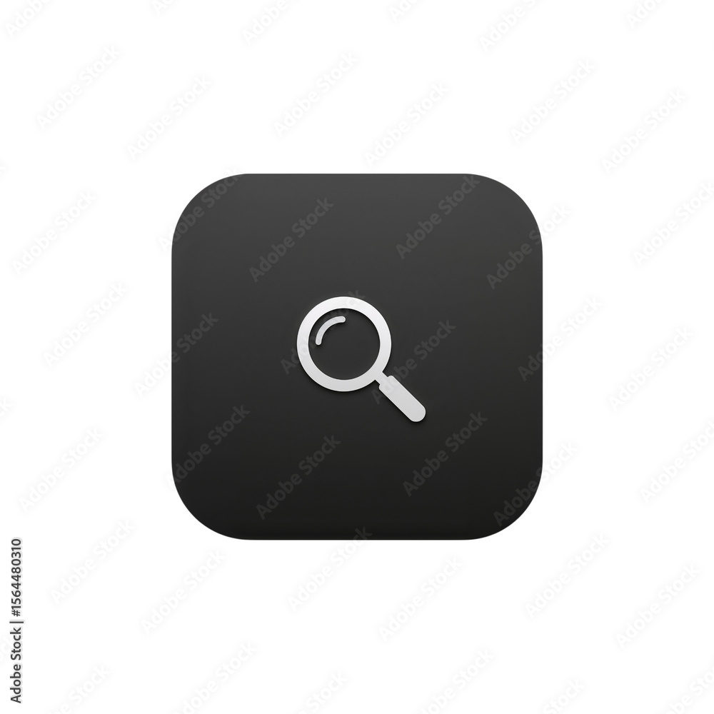 Magnifying glass symbol displayed on a dark gray rounded square on a transparent background for graphic design uses. Magnifying glass symbol displayed on a dark gray rounded square on a transparent background for graphic design uses.