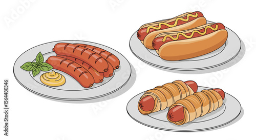 Delicious grilled sausages and hot dogs served with mustard and buns for a satisfying meal