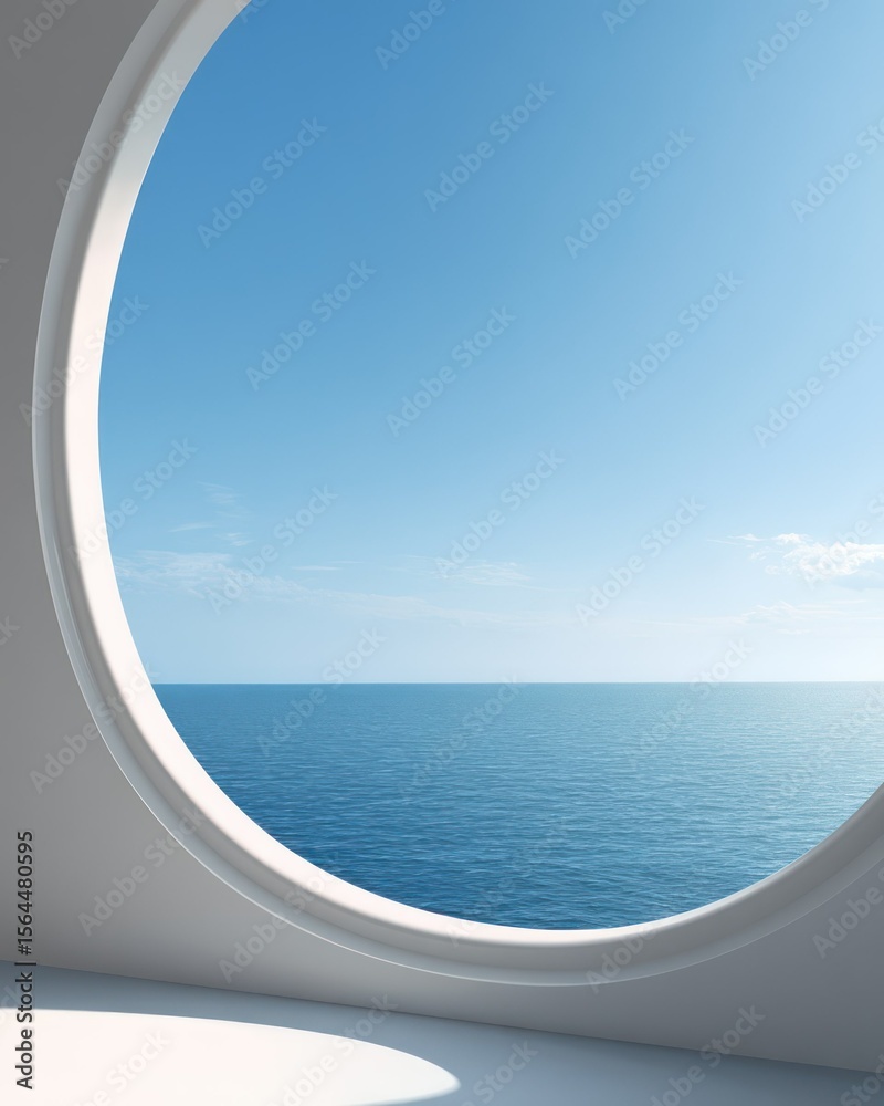 Fototapeta premium A minimalist aesthetic captures scenic ocean vista through a circular architectural aperture