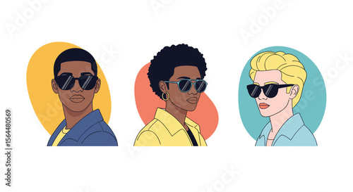 Three Diverse Individuals Portrayed in a Pixelated Art Style Wearing Sunglasses and Casual Clothing